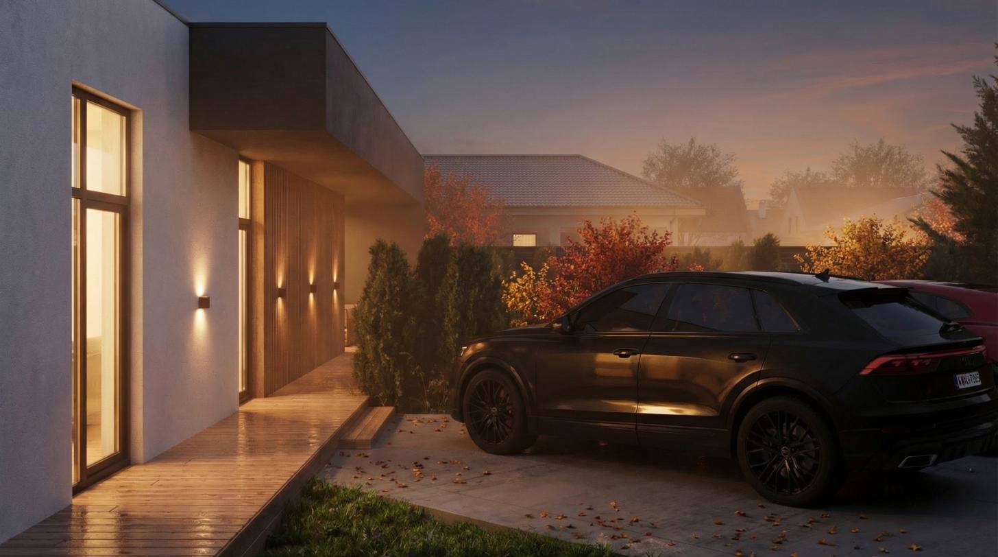 Entrance with car at twilight