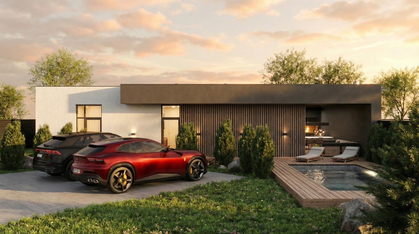 Modern house at sunset with pool