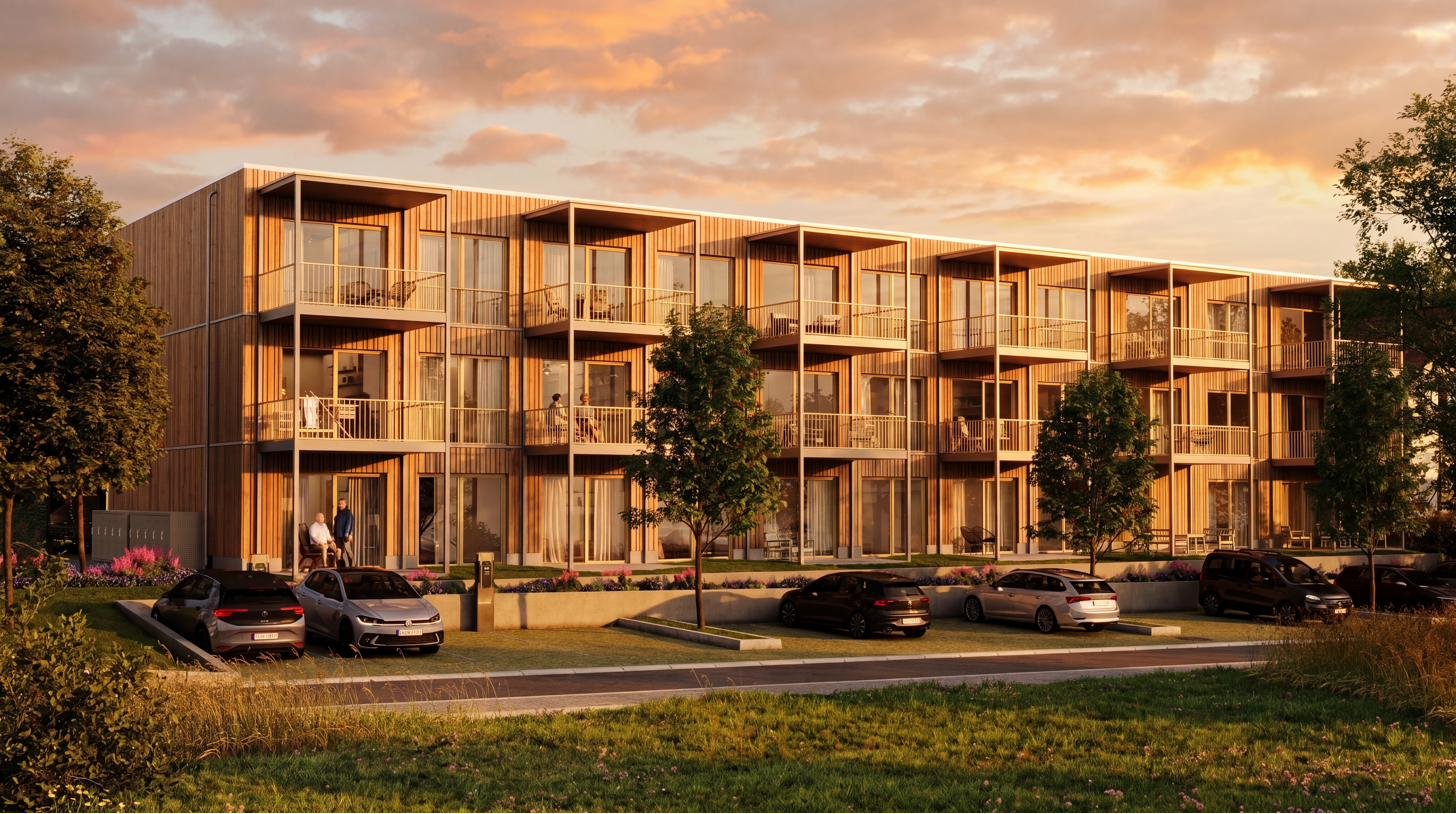 Senior living timber facade at sunset
