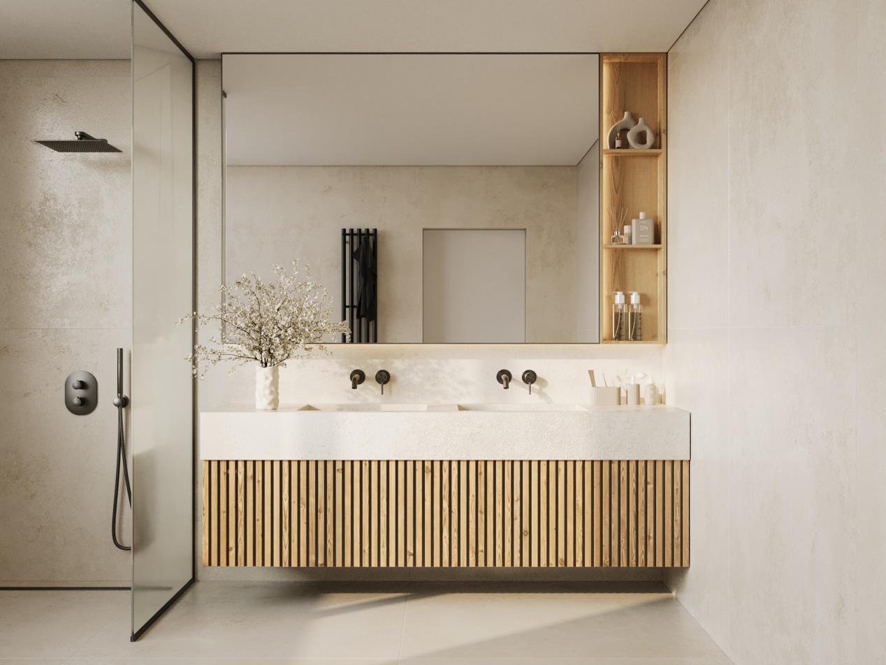 Bathroom with fluted oak vanity