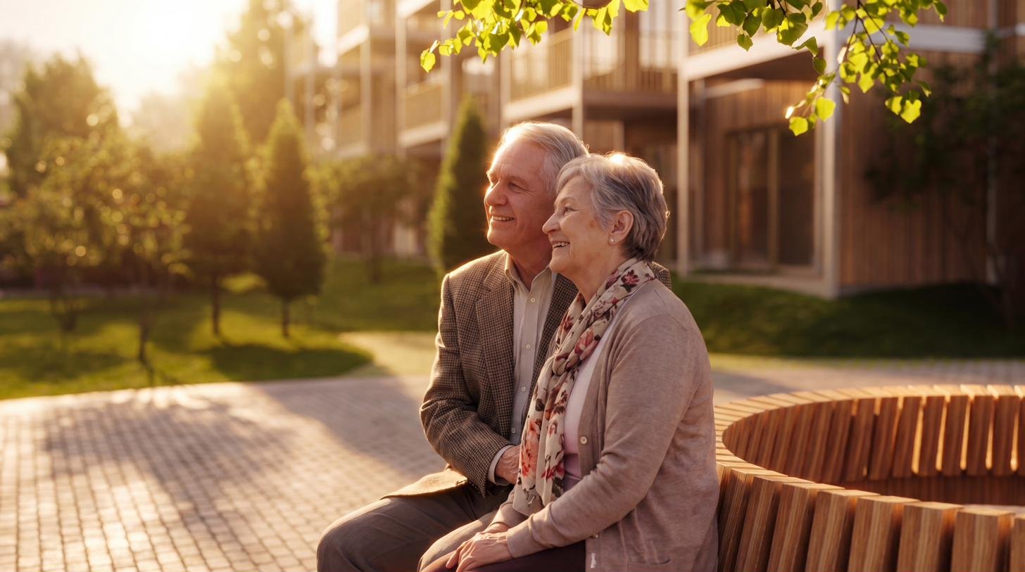 Older couple in a landscaped courtyard